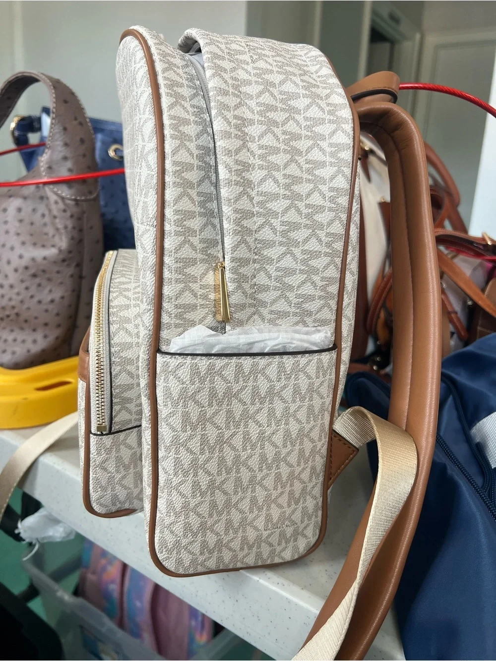 Michael Kors Cream and Brown Logo Backpack